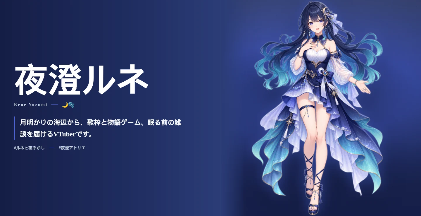 架空VTuber「夜澄ルネ」のサンプルデータで表示したHome上部。名前、自己紹介、配信・ファンアートのタグ、メインビジュアルが並ぶ。